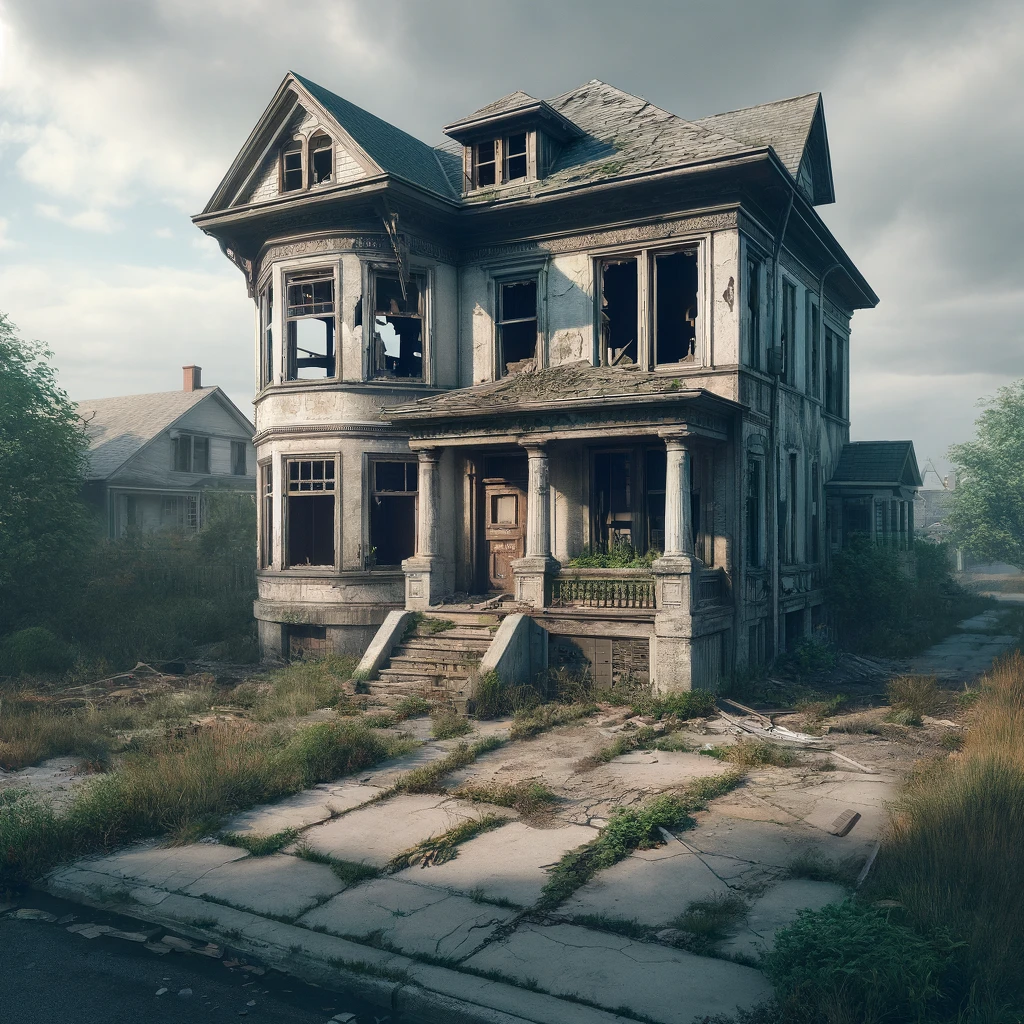 Dilapidated vacant house with broken windows, crumbling walls, and overgrown yard.