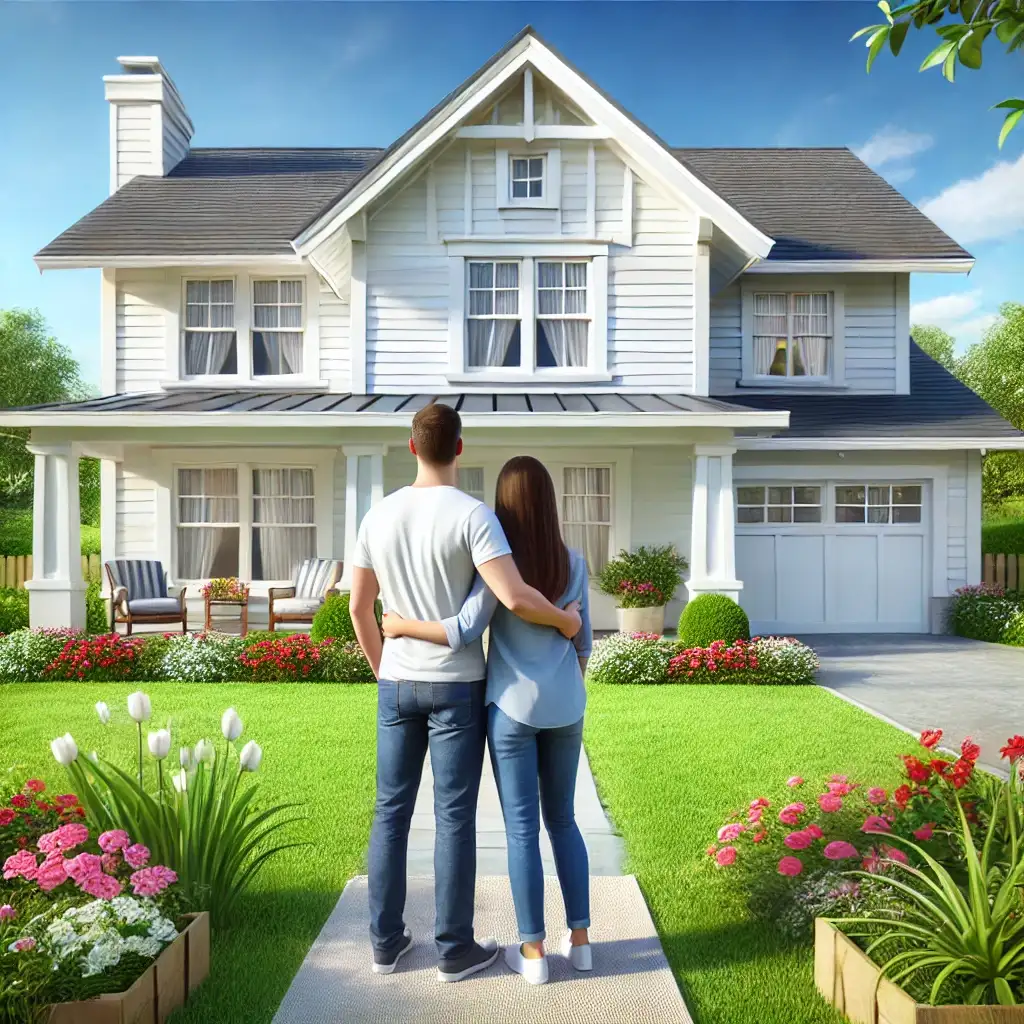 A happy couple standing with arms around each other, facing a beautiful white suburban house with a welcoming front porch. The house is surrounded by vibrant flowers, green grass, and a clear blue sky, conveying a joyful and satisfied mood.