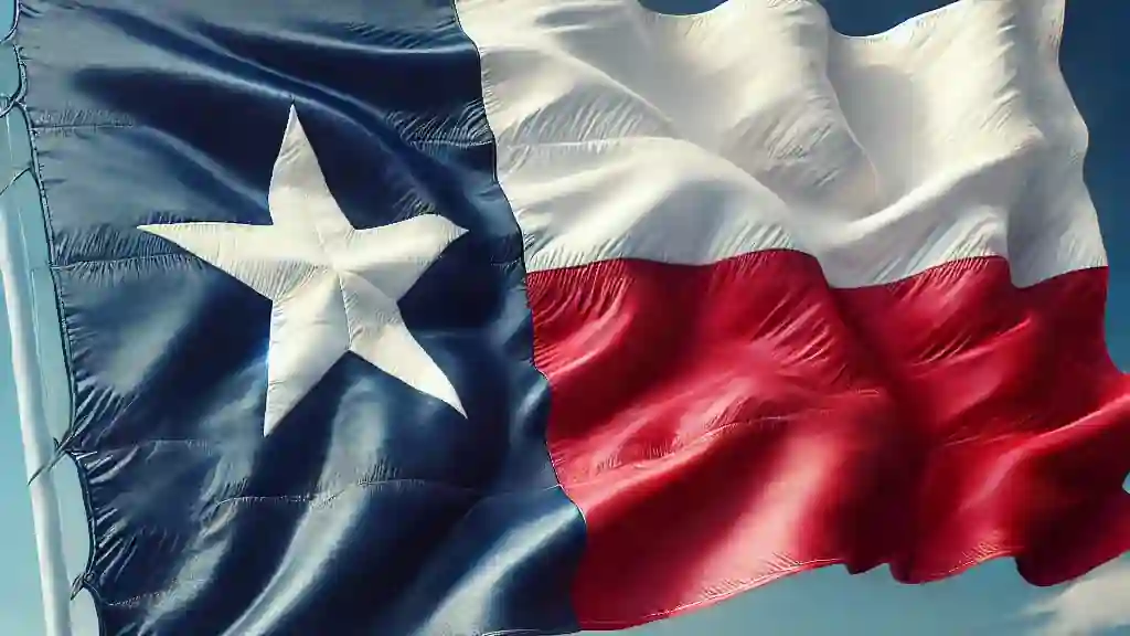The Texas state flag waving in the wind against a blue sky with clouds, showing the blue vertical stripe with a single white star, and the white and red horizontal stripes.
