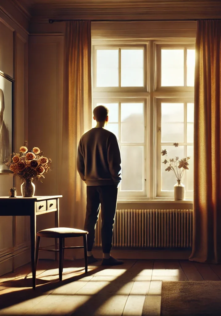 A person stands alone in a warmly lit room, gazing out of a sunlit window. The room features a small table with a vase of flowers and a framed portrait on the wall, casting long, soft shadows, creating a calm and reflective atmosphere.