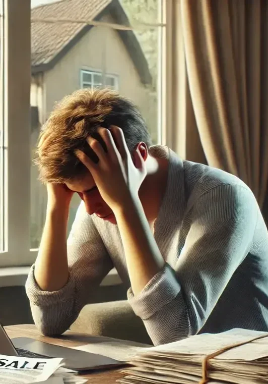 A person sitting at a desk with hands on their head, looking stressed and overwhelmed by a large stack of paperwork. Through the window, a suburban house is visible, reflecting the challenges and complexities of selling a home. The scene conveys frustration and anxiety related to the home-selling process.