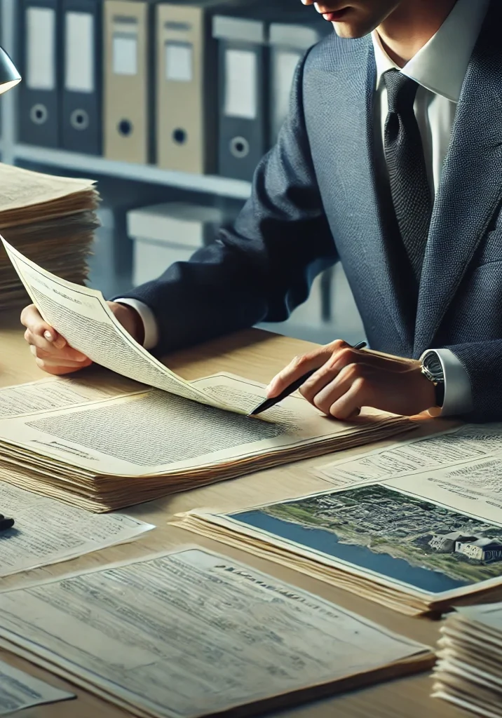 A legal professional in an office reviews property records and title certificates during a title search, with maps, legal documents, and a computer visible.