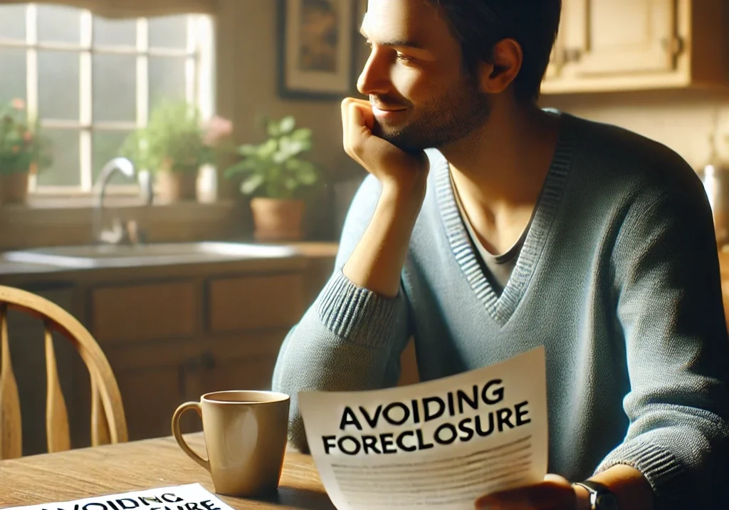 A person sits at a kitchen table, looking relieved after successfully avoiding foreclosure.