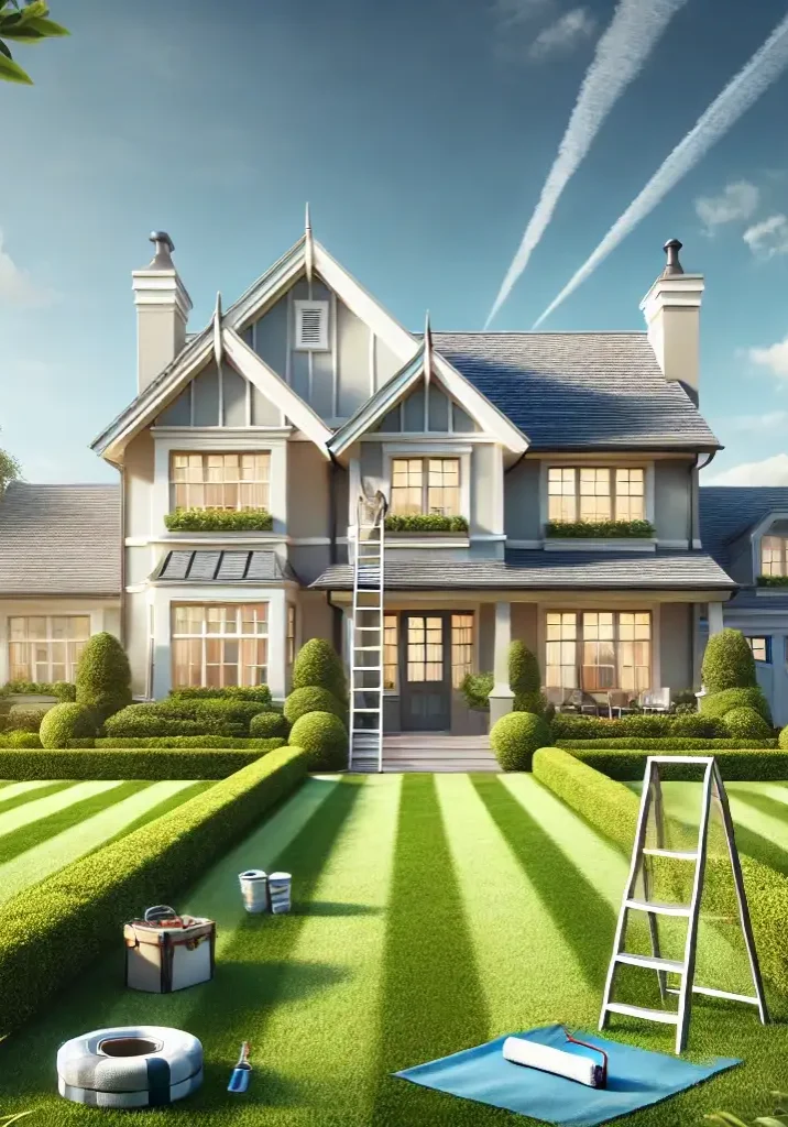 a photograph of a beautifully maintained home under clear skies with neatly trimmed lawns and freshly painted exterior